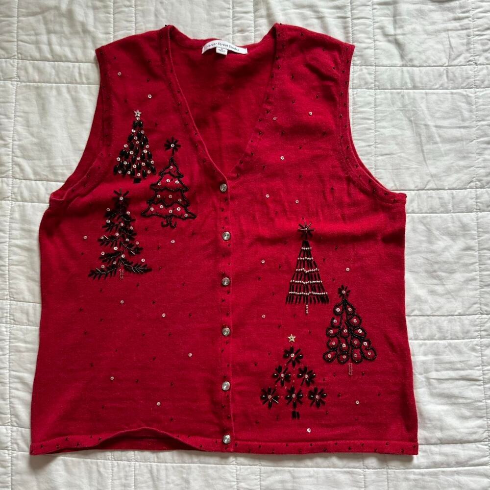 mercer st studio christmas knit vest embellished Beaded  sz M holiday‎ trees
